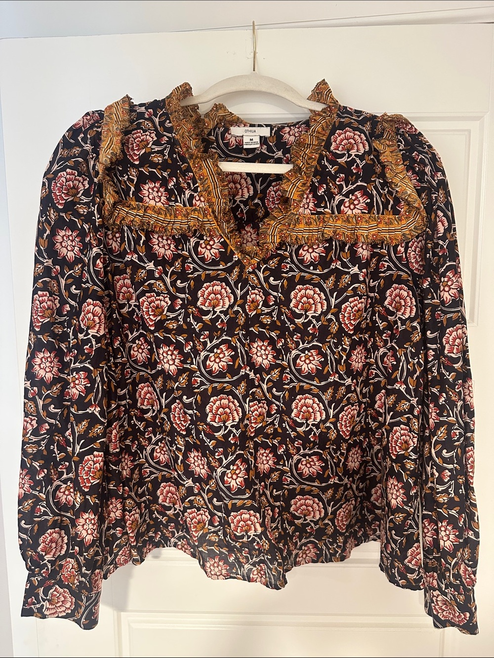 Black Floral Ruffle-Trim V-Neck Blouse by Othilia x Anthropologie brand